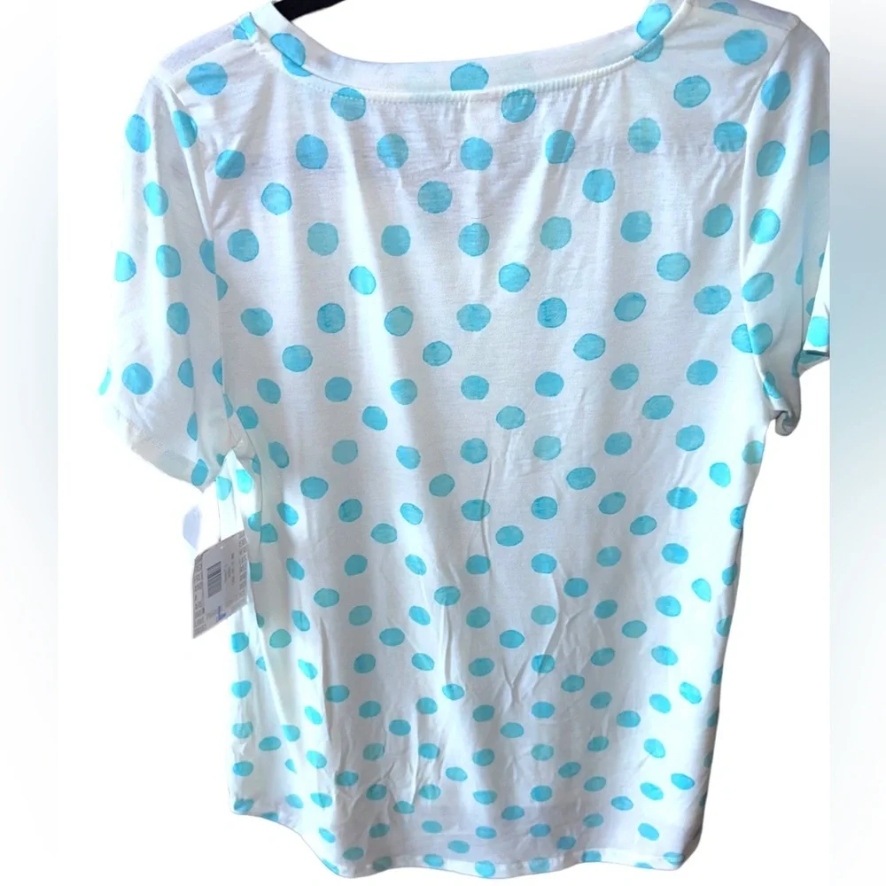 Lularoe large white & turquoise polka dot Christy V neck short sleeve t shirt. - Picture 2 of 6